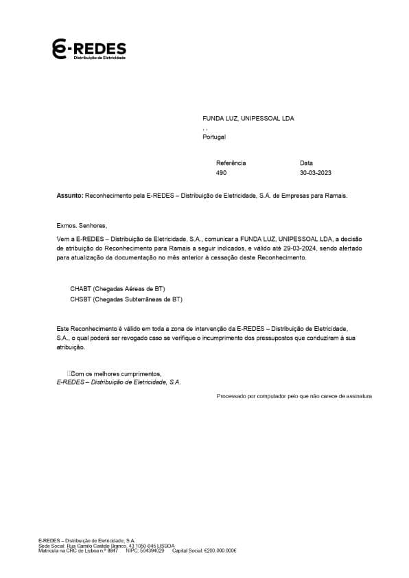 Reconhecimento pela E-REDES – Empresas para Ramais. 1 fundaluz eredes