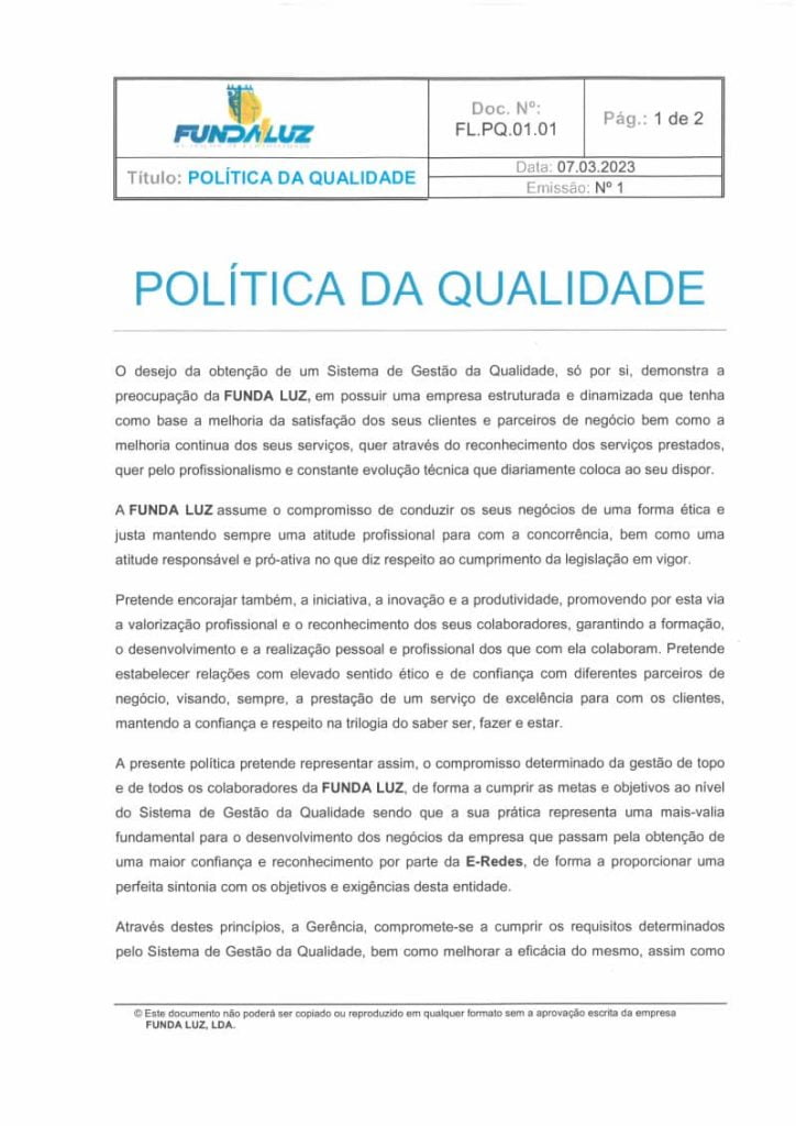 Política de Qualidade 1 Política de Qualidade Funda Luz
